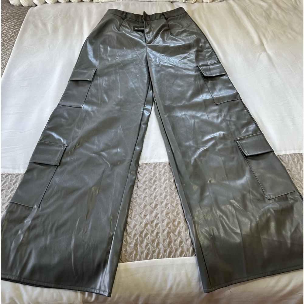Gray Faux leather cargo pants.